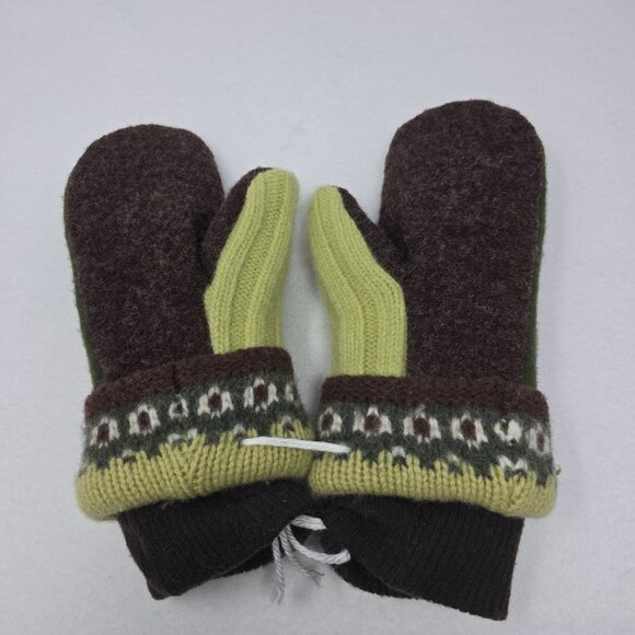 Handcrafted Wool Blend Knit Mittens Brown & Green Nordic Pattern Cuffs Adult M/L - Picture 4 of 8